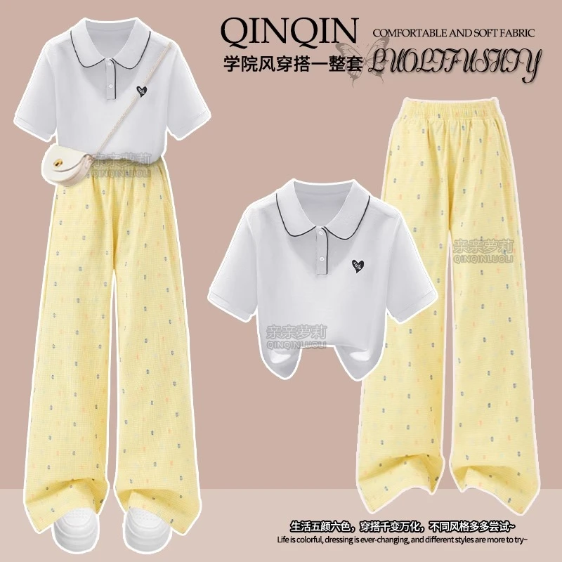 女童夏季休闲裤户外套装2025新款初中生短袖T恤青少年夏装阔腿裤