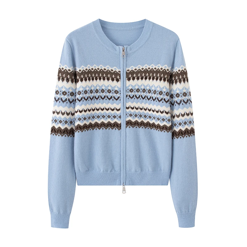 诗家商场同款2025秋冬新款双拉链休闲圆领针织开衫毛衣外套女3161