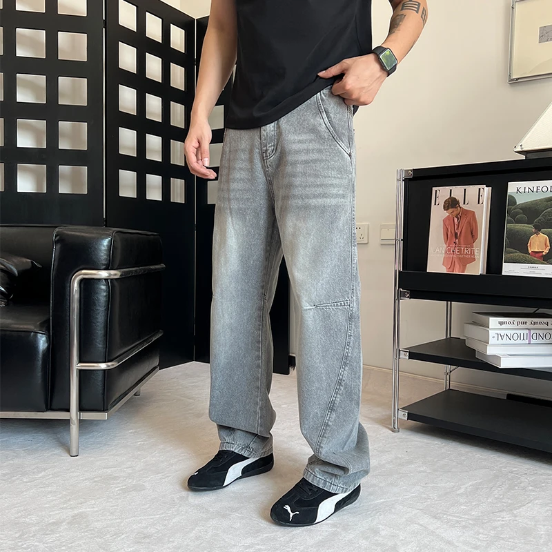 美式复古渐变色水洗牛仔裤男士2025秋季宽松直筒休闲裤痞帅弯刀裤