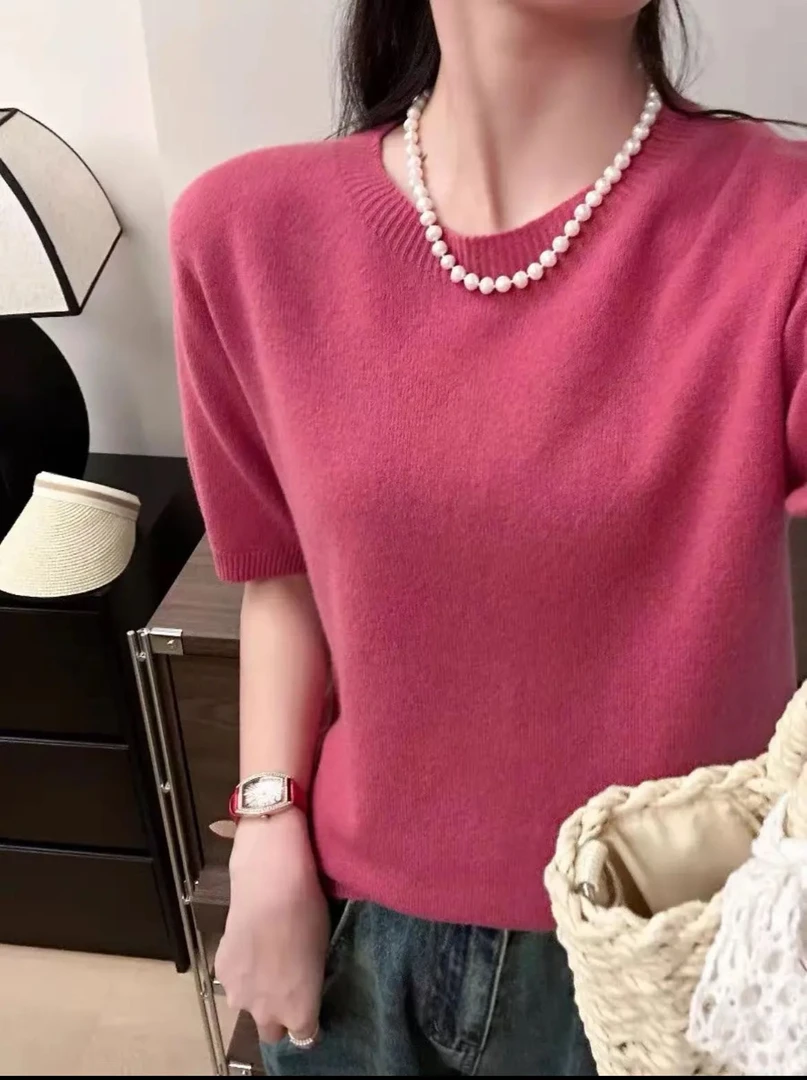 48支精仿软糯亲肤2025显瘦新款针织短袖宽松百搭上衣气质内搭圆领