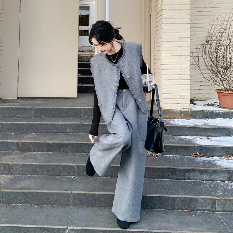 灰色马甲阔腿裤套装女2025年春秋新款小香轻熟风时尚休闲两件套裤