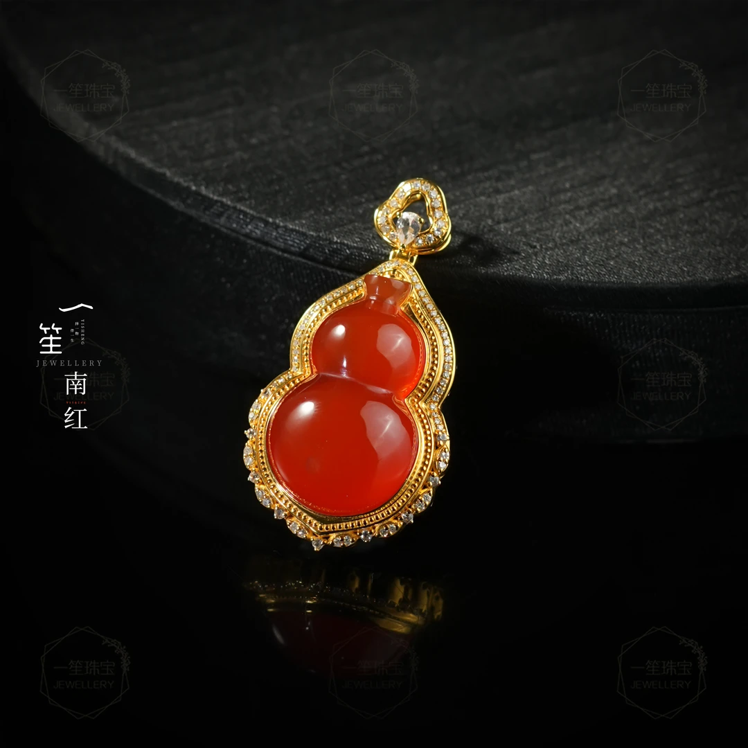 【一笙珠宝】天然收藏级南红葫芦吊坠18k金镶嵌裸石约26x13x8mm