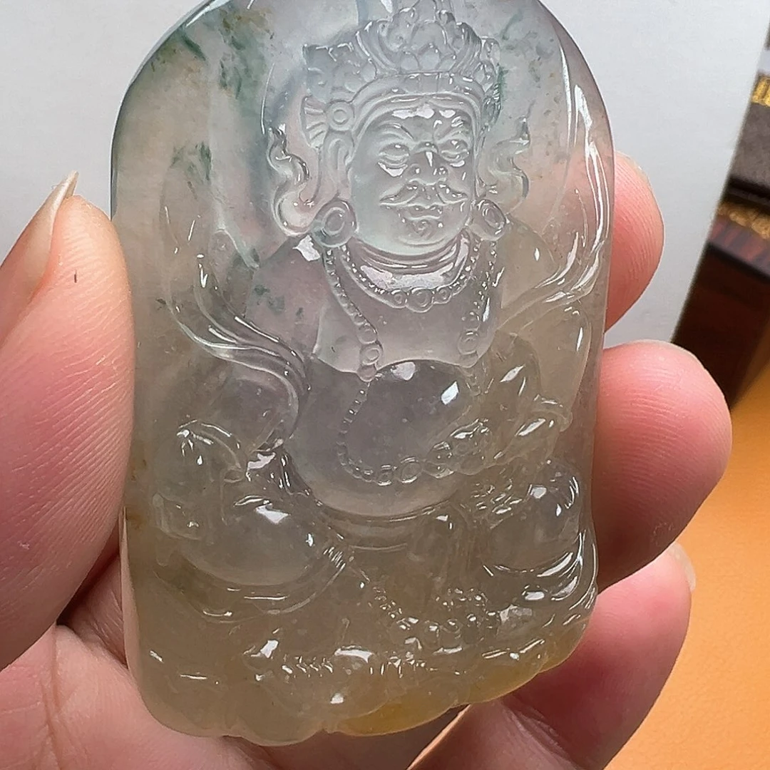 翡翠未镶嵌颈饰猜*东冰黄翡飘蓝花厚装黄财神