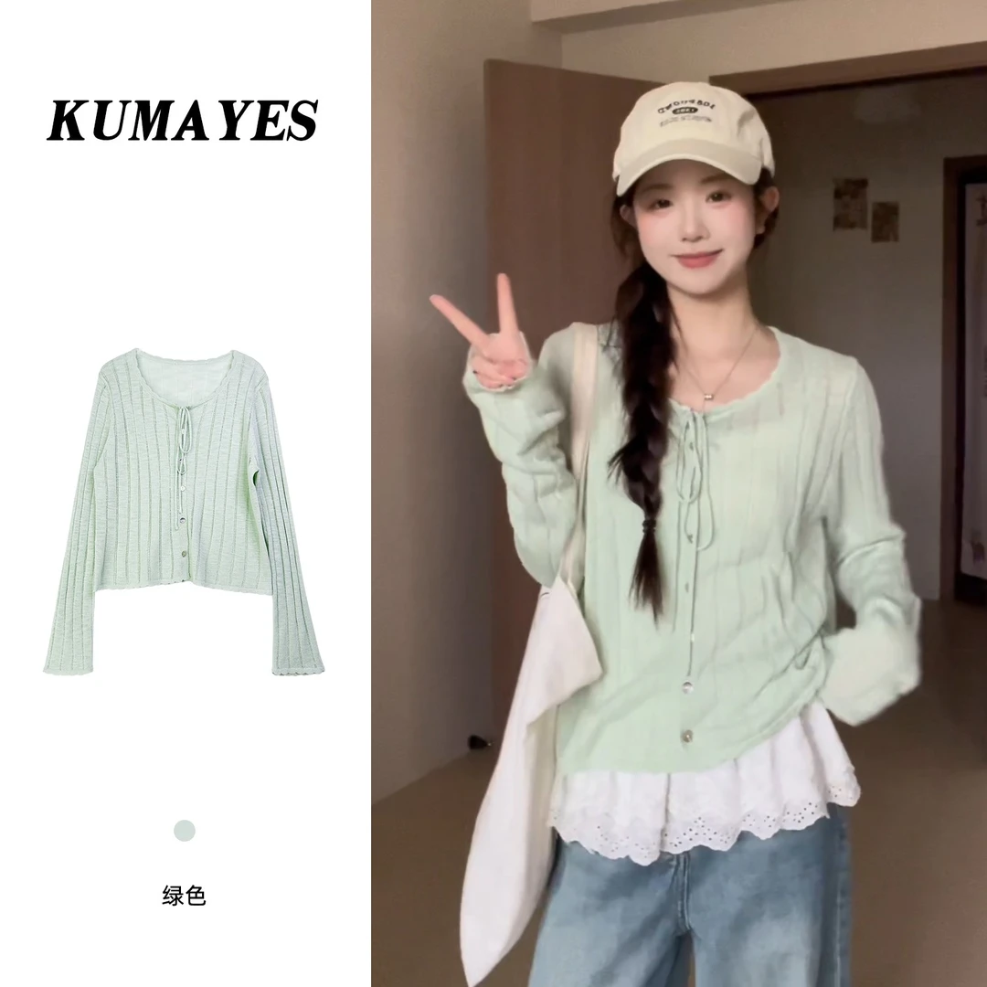 KUMAYES简约薄荷绿镂空系带长袖针织衫女春季薄款宽松喇叭袖上衣