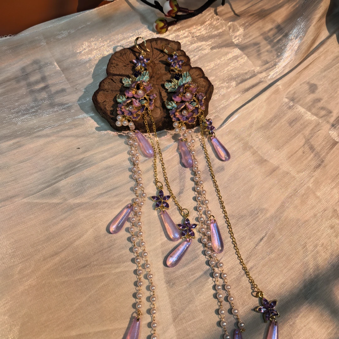 铜合金仿水晶耳饰 【木槿】原创自制手作新中式国风耳环