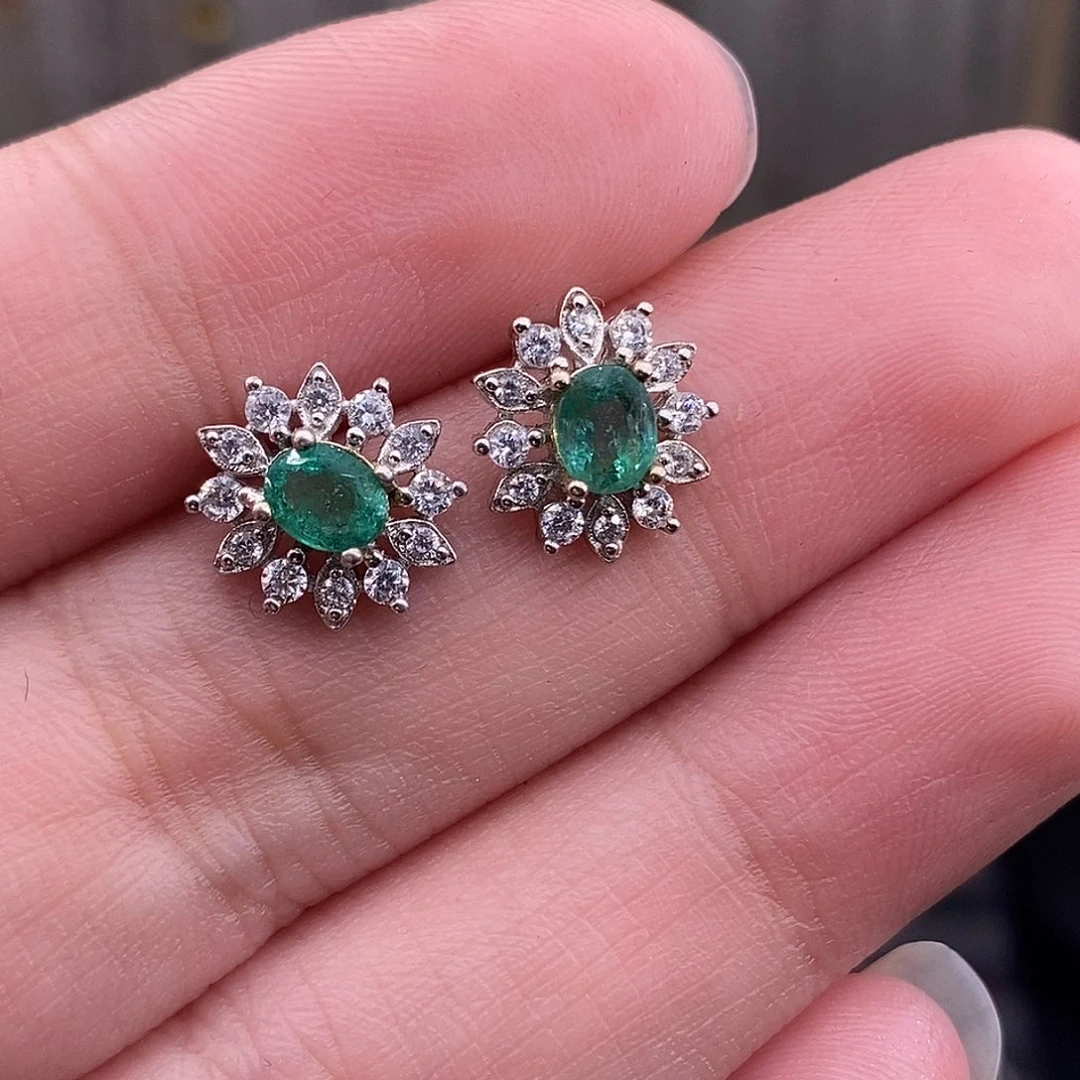 耳饰银S925镶嵌祖母绿