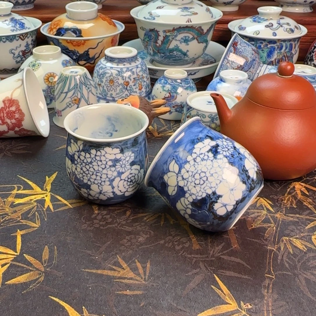 青花团花布袋对杯杯
