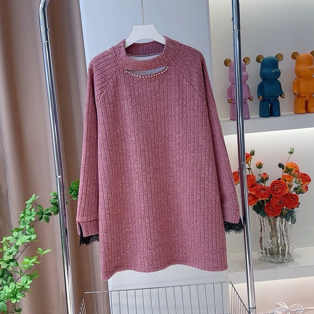 【现货】0320时尚钉珠加绒加厚打底秋冬百搭宽松显瘦中长款遮肉上衣