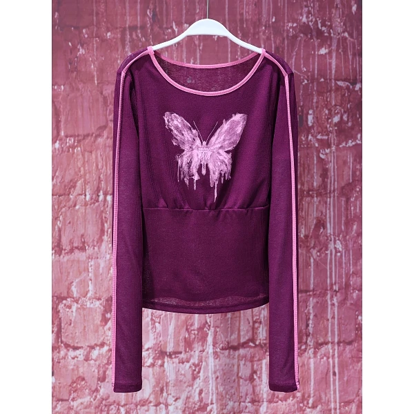 【韩哥女装】夏季茄子紫轻薄上衣蝴蝶印花冰凉感网纱皮肤衣8192