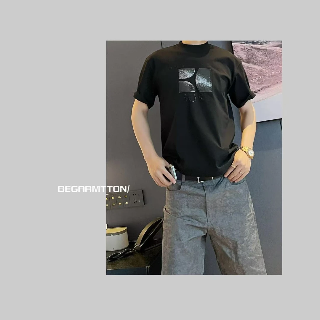 星球花纹BOSS字母钻饰工艺男士小领口夏季合身休闲印花短袖51008