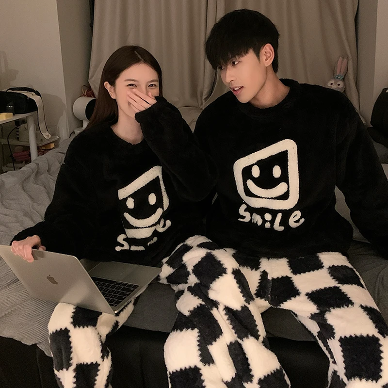 韩版秋冬季珊瑚绒情侣卡通睡衣圆领套装加绒加厚保暖男女士家居服