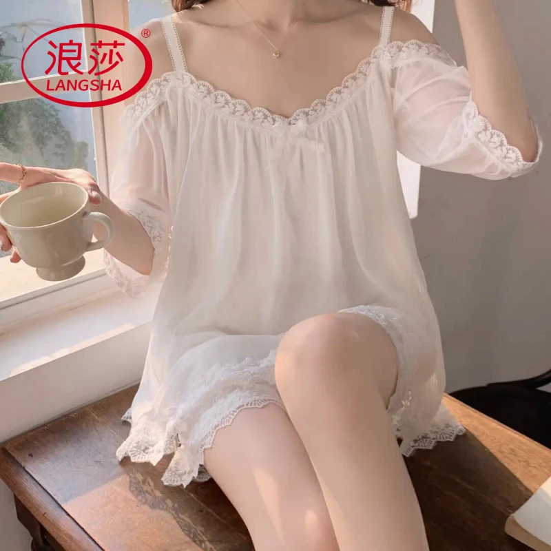 浪莎一字肩网纱带胸垫睡衣套装夏季家居服薄款女士纯欲公主风秋季