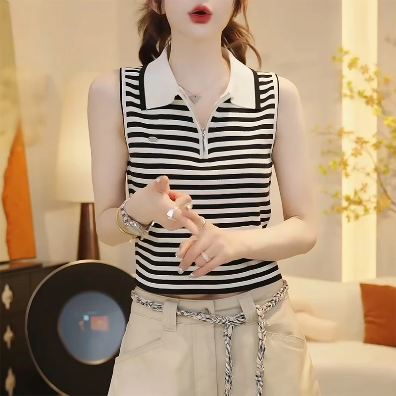 夏季高级感修身显瘦条纹无袖T恤女夏季2025超好看半开领减龄上衣