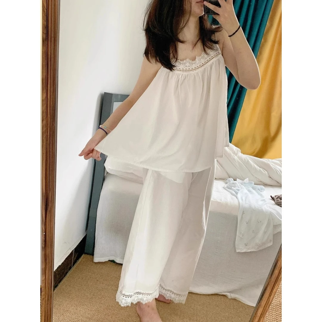 【法式纯欲】少女蕾丝边吊带睡衣女夏季新款长裤休闲大码套装家居服