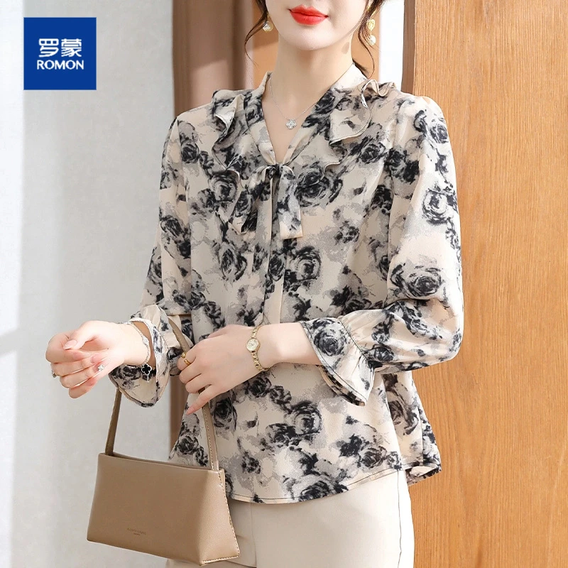 妈妈装春秋装2025新款雪纺小衫长袖t恤中老年女装时尚阔太太衬衫