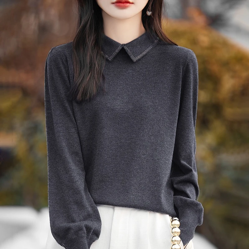 D817精纺羊毛POLO领打底衫镶钻