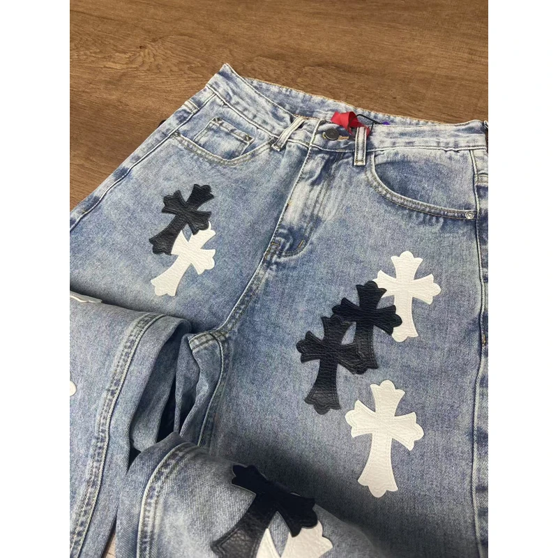 65号链接【十字皮标】时尚百搭重工宽松高街直筒牛仔裤1316-6