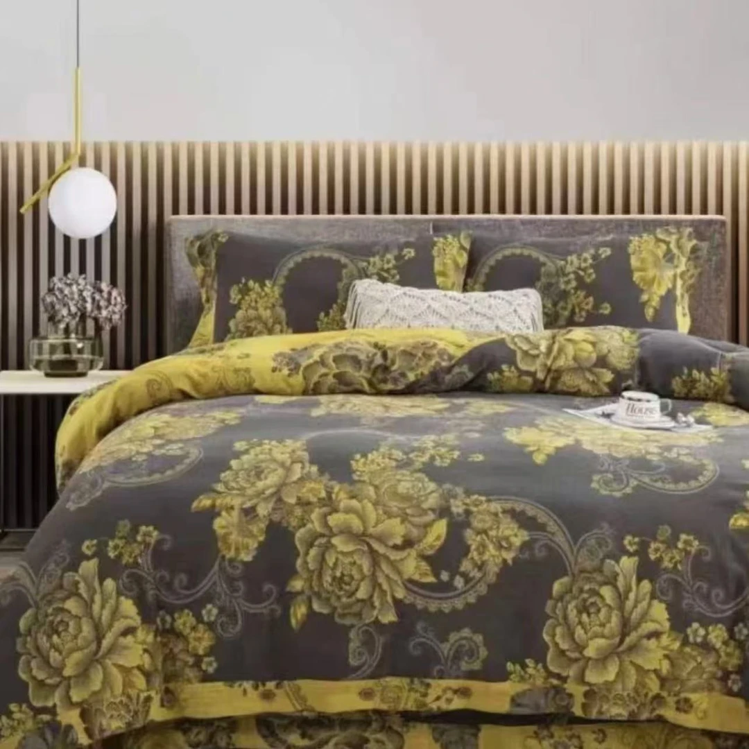 【MS】轻奢纱布盖毯三件套--黑金牡丹