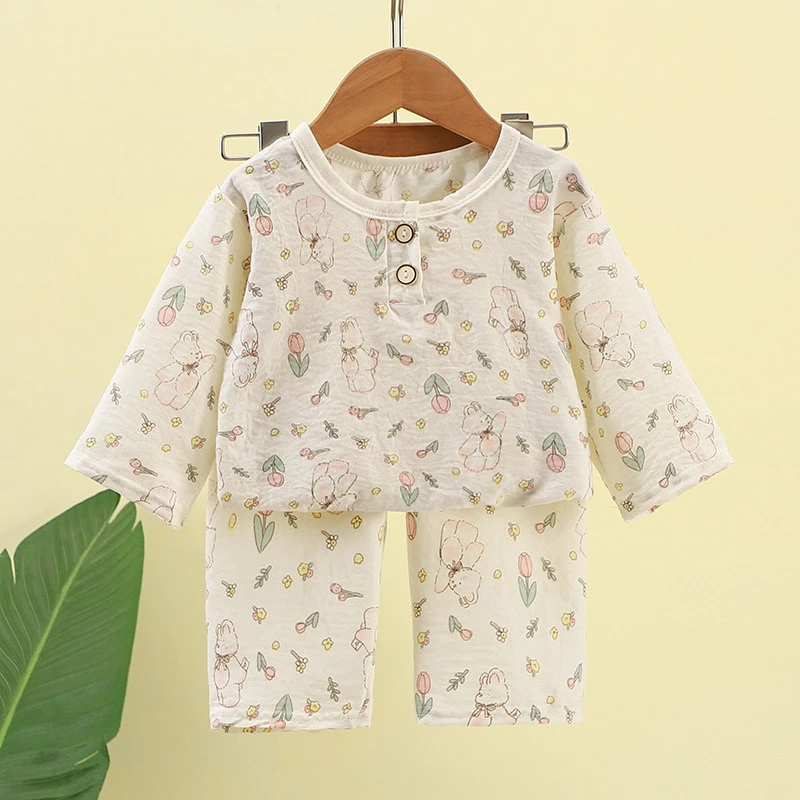 儿童家居服夏季男女童七分袖套装宝宝薄款睡衣中大童云朵棉空调服