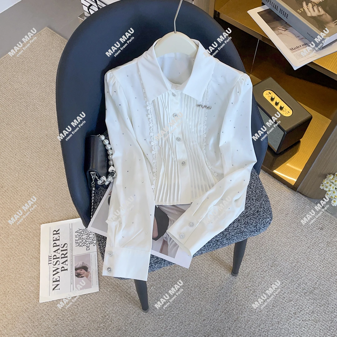 轻奢高端女装秋季时尚褶皱设计感重工烫钻花边单排扣衬衫DY9175