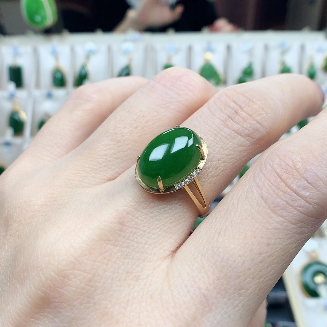 和田玉（碧玉）18K金镶嵌戒指1014