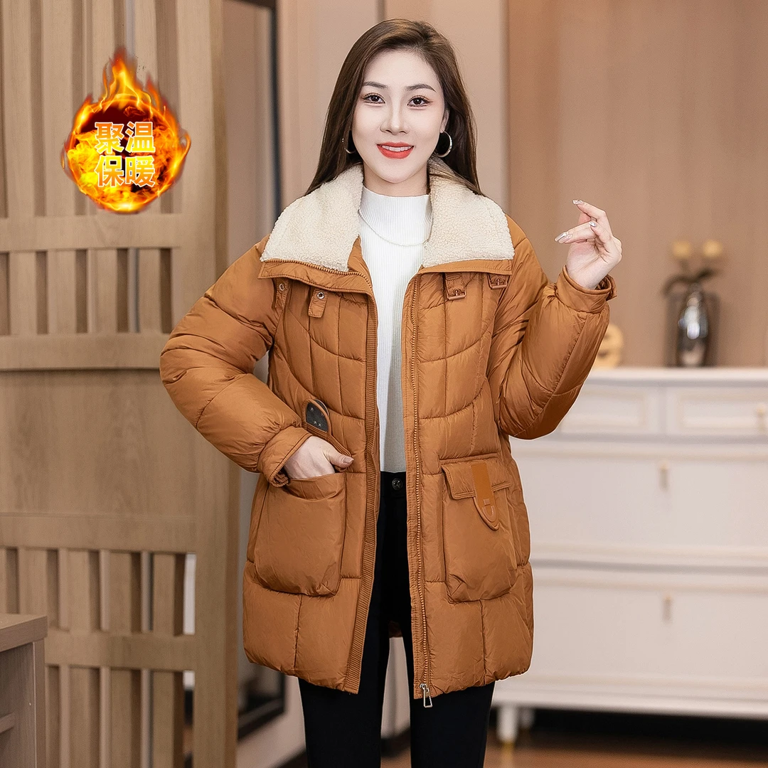 时尚女士中长款棉服冬季新款气质百搭正品宽松显瘦翻领棉衣外套