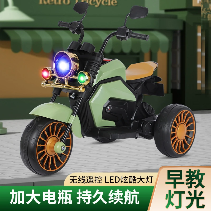 新款儿童电动车复古摩托车男女孩宝宝可坐小孩三轮车哈雷遥控玩具