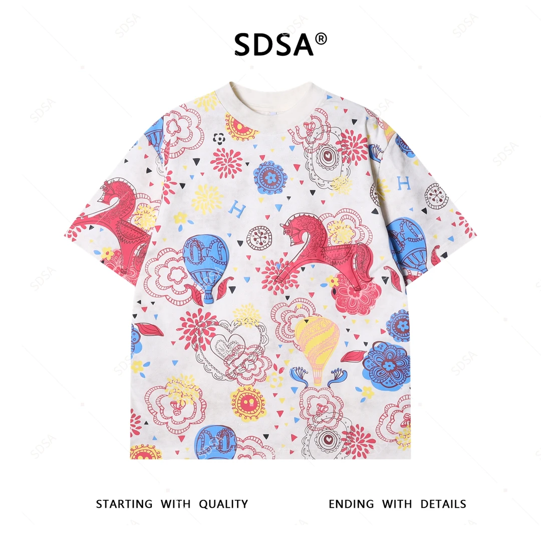 夏季高级感新款男士潮牌多样趣味印花圆领短袖T恤满天星圆领上衣