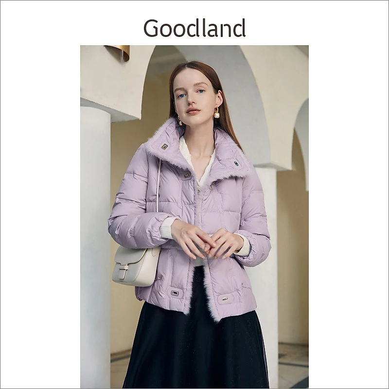 Goodland美地女装冬季宽松加厚立领水貂毛边短款小香风羽绒服