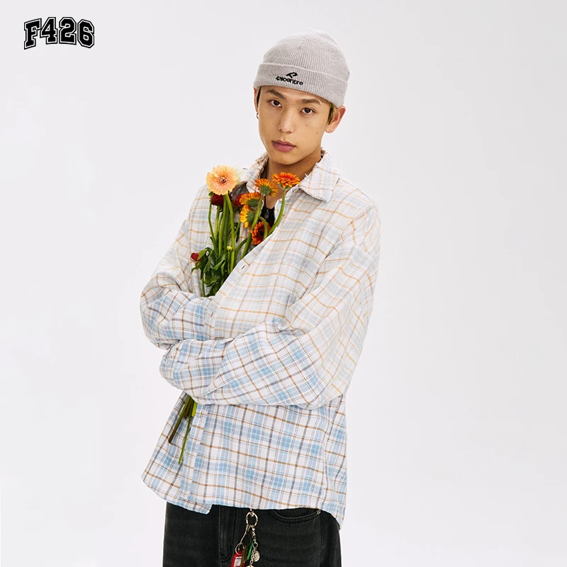 【F426旗舰店】潮牌早秋情侣复古时尚做旧渐变格子长袖衬衫潮流6507