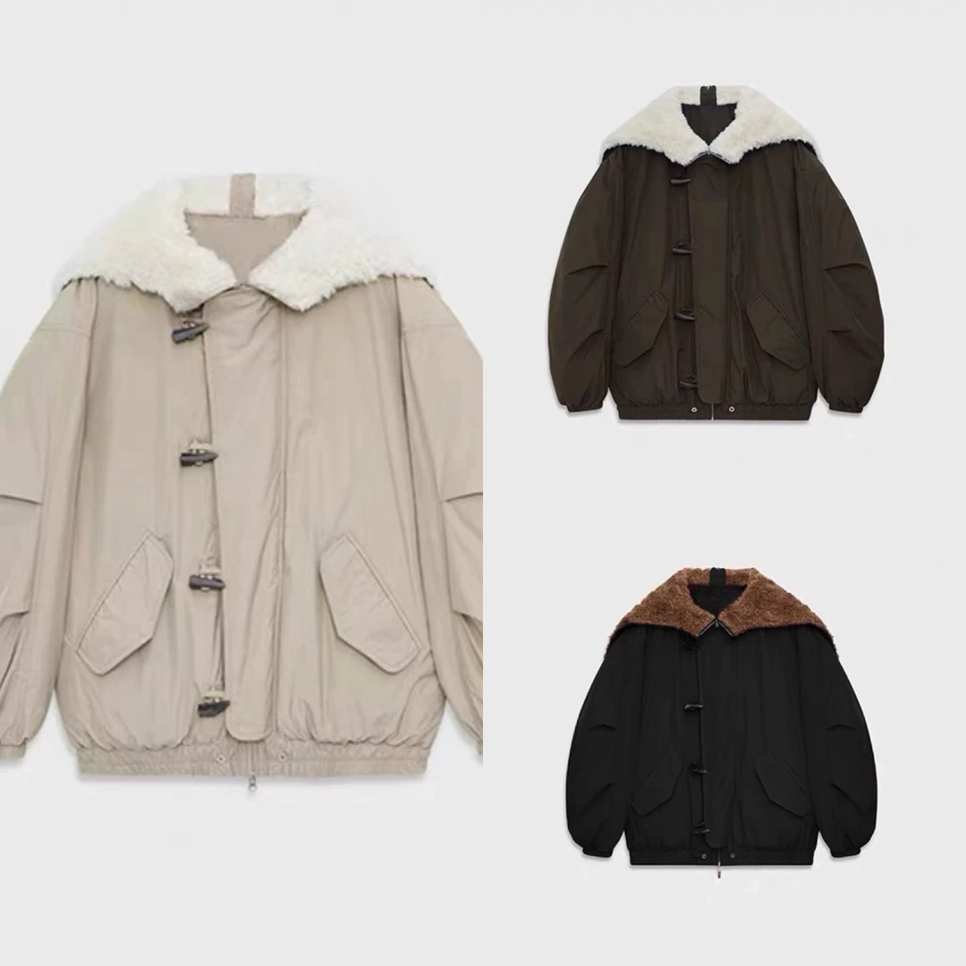 【天使】小飞侠布面高级感牛角扣翻领披肩棉服外套女休闲时尚