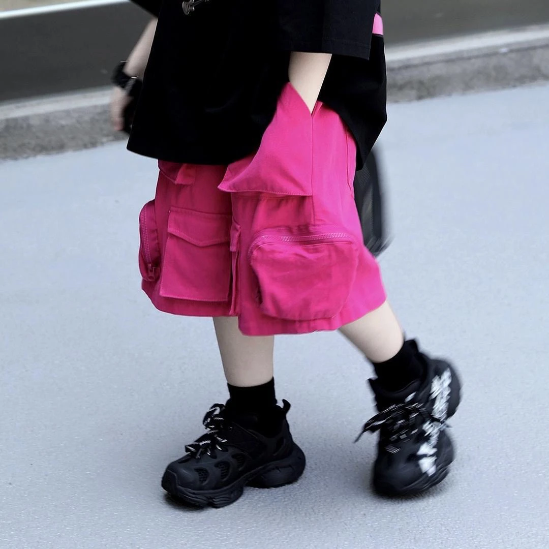 童装童品【玫有烦恼】夏季新款儿童火龙果色工装多口袋短裤粉红豹T