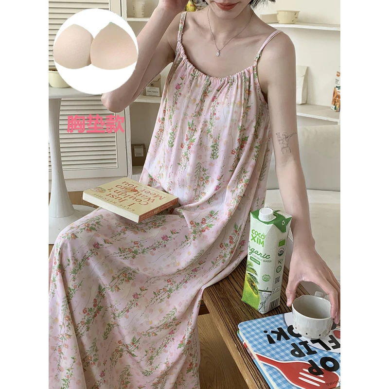 睡裙带胸垫一体式可外穿高个子睡裙女加长版到脚踝绝美吊带裙
