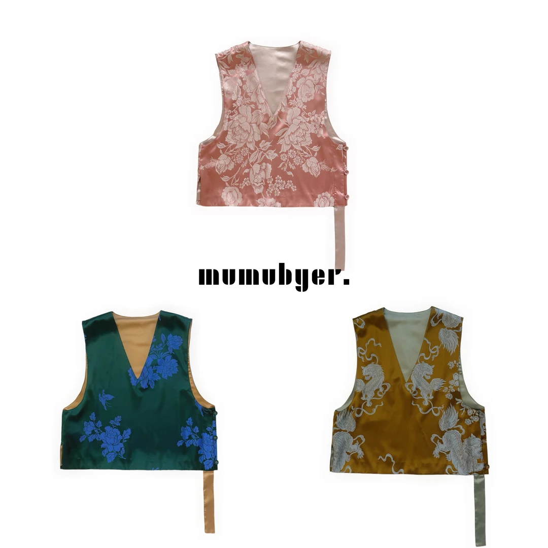 MUMUBYER •“老缎马甲”100真丝老缎V领撞色单彩带马甲
