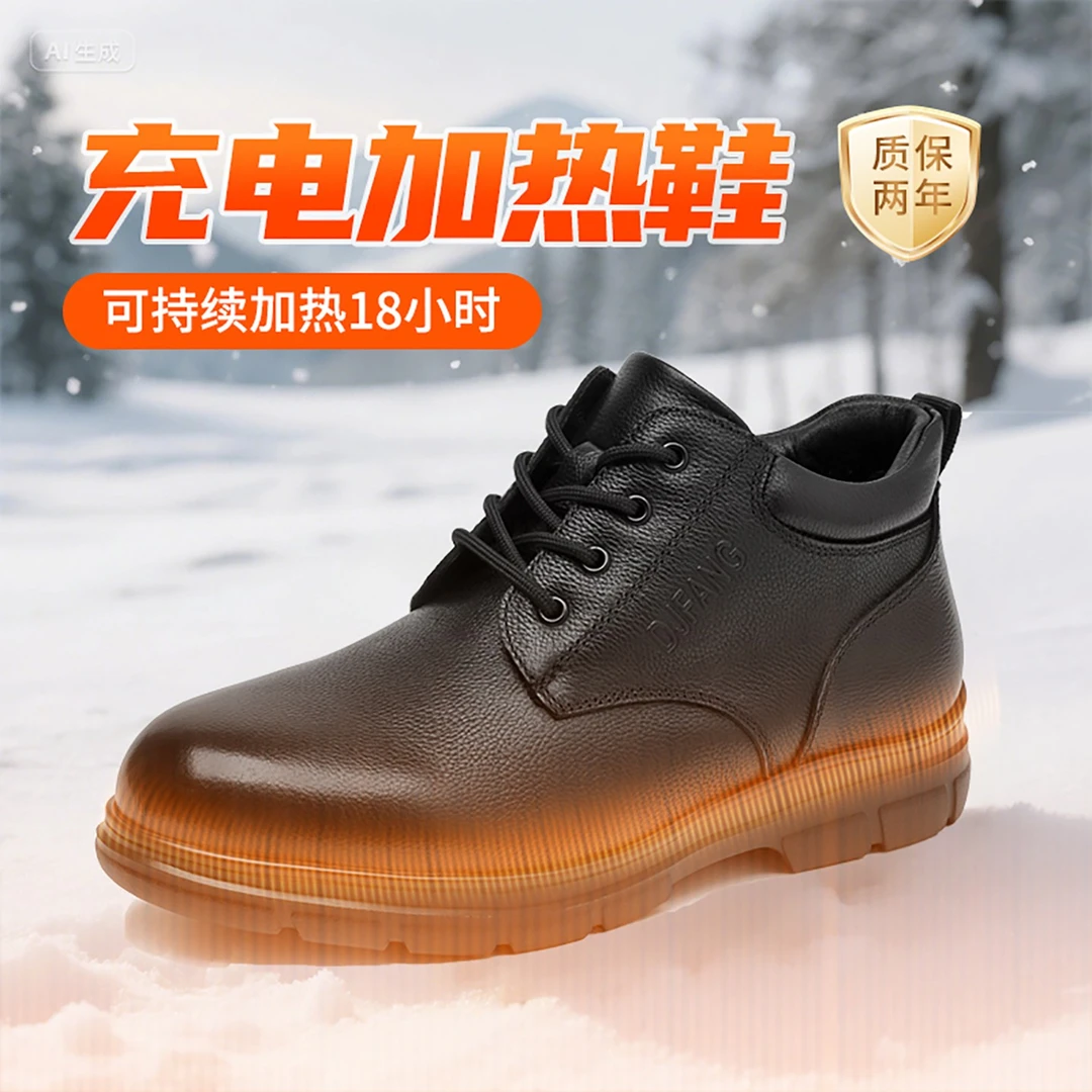 杜加方充电加热鞋发热保暖鞋头层牛皮纯羊毛中老年电暖可行走系带