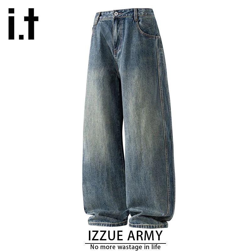 izzue秋冬季正品潮牌牛仔裤阔腿宽松直筒美式休闲慵懒风复古弯刀