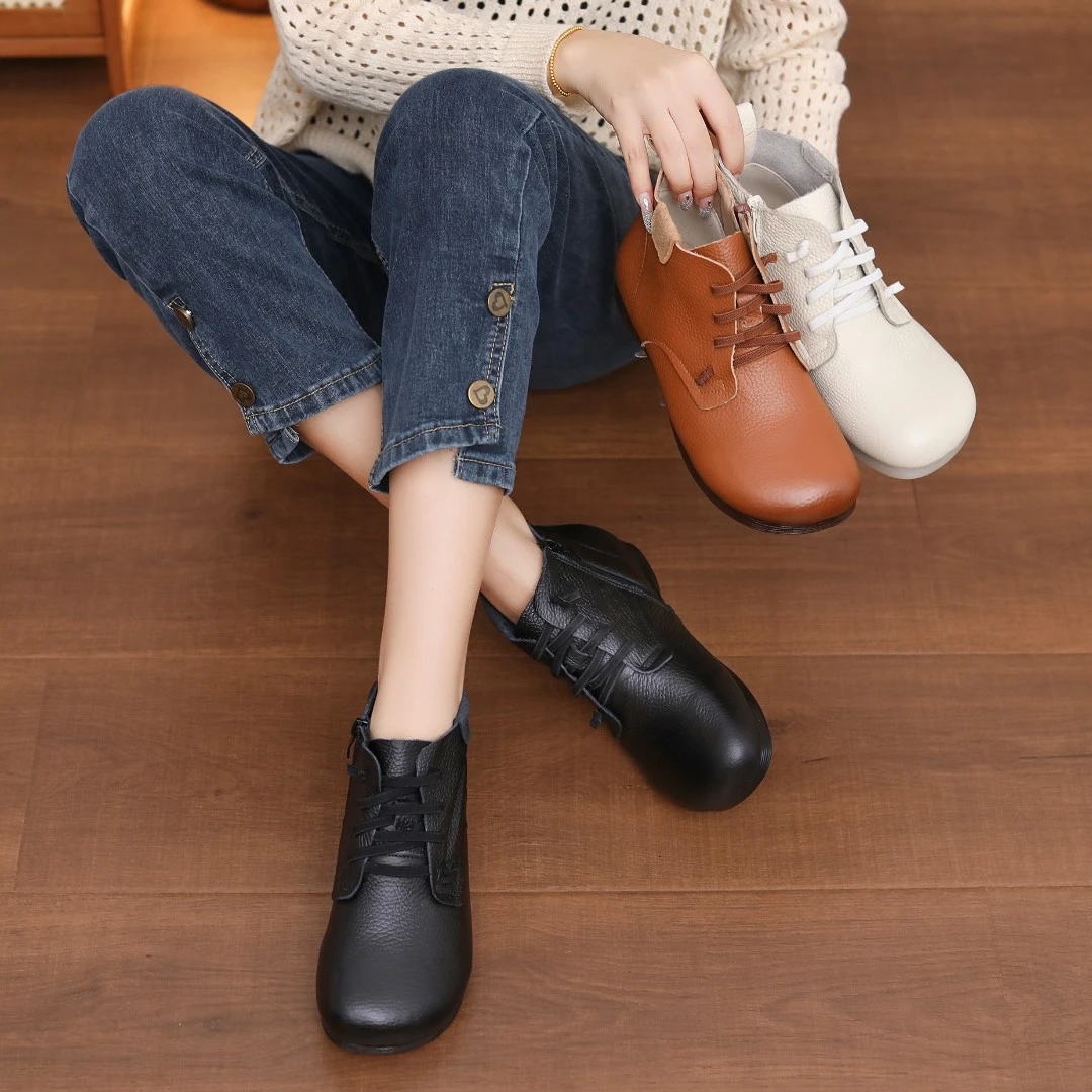 头层牛皮秋冬新款手工短靴牛筋底软底舒适百搭圆头透气防滑靴子