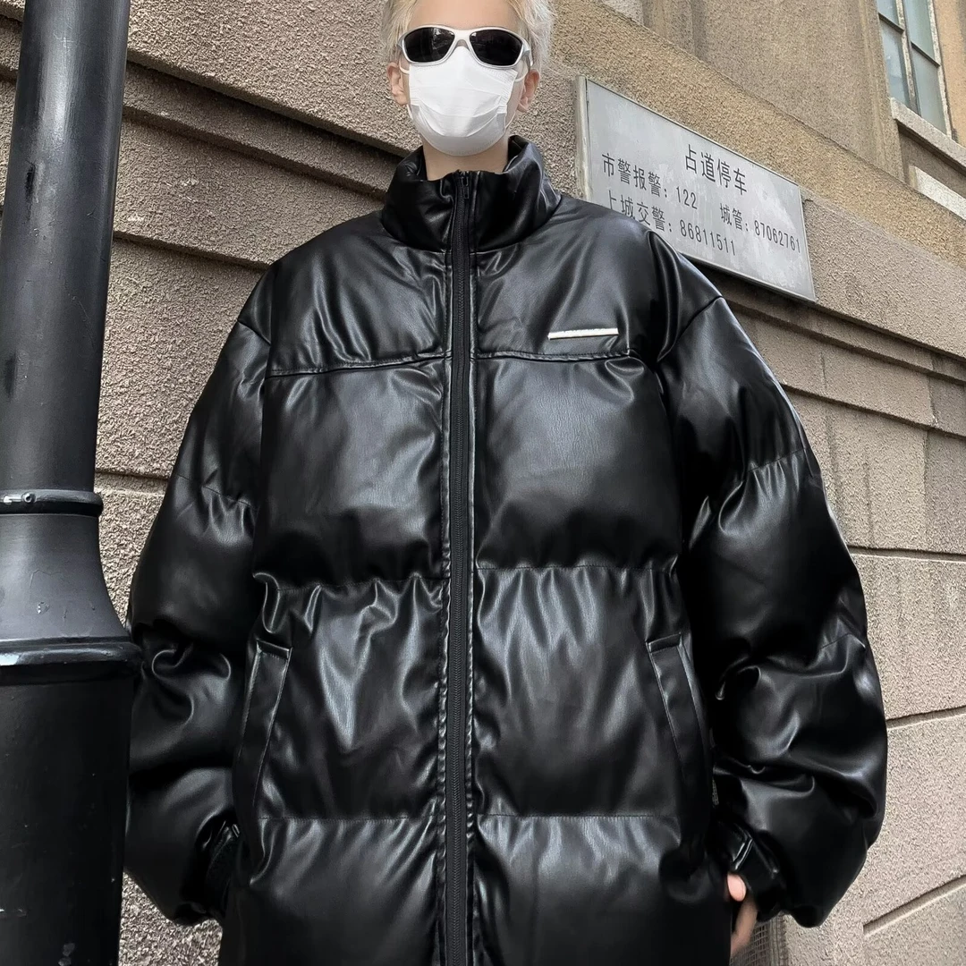2023秋冬港风鳄鱼纹印花字母棉衣冬季男PU皮面包服学生百搭