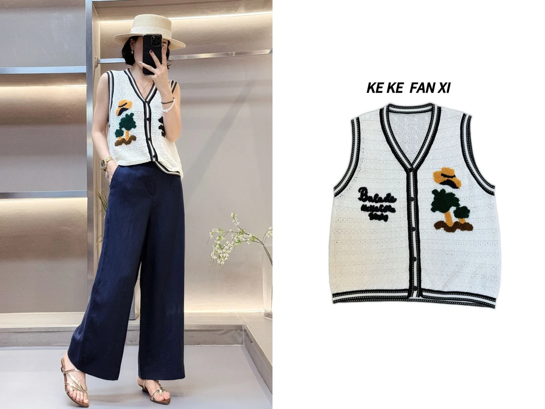 5153-1刺绣花朵开衫背心T时尚休闲无袖洋气百搭减龄宽松