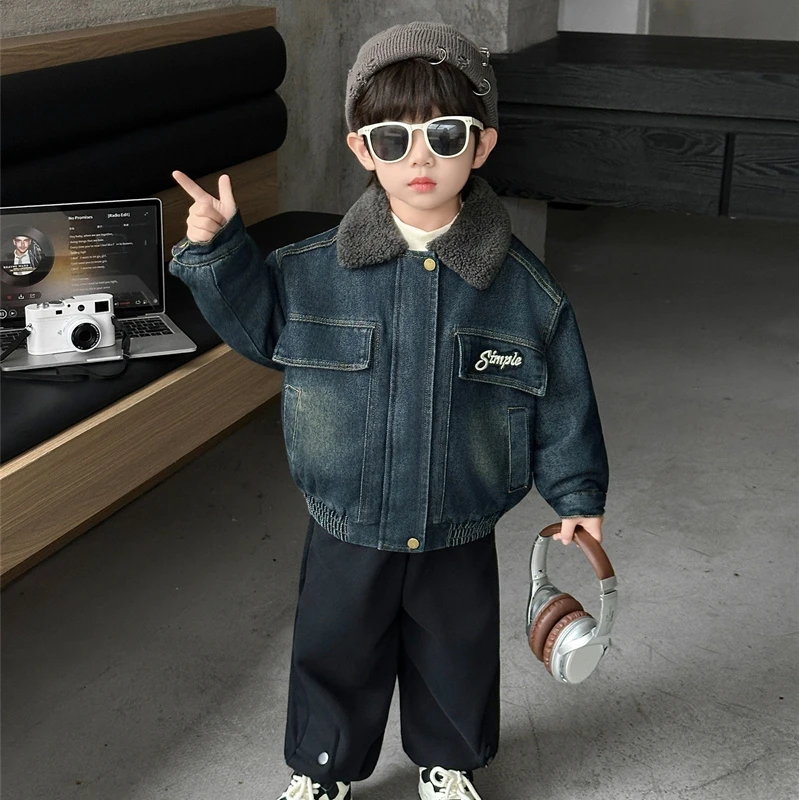 男童加绒棉服秋冬装2025新款洋气儿童冬季加厚牛仔外套男孩棉衣潮