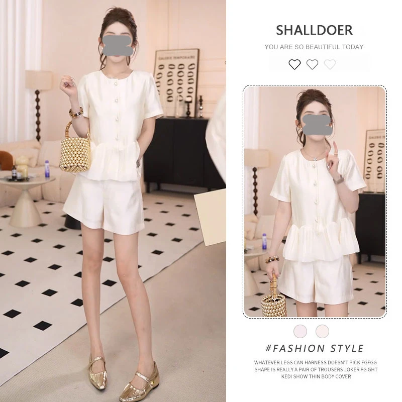 2025年夏法式珠光感圆领珍珠上衣裤子套装时尚设计感小众百搭两件