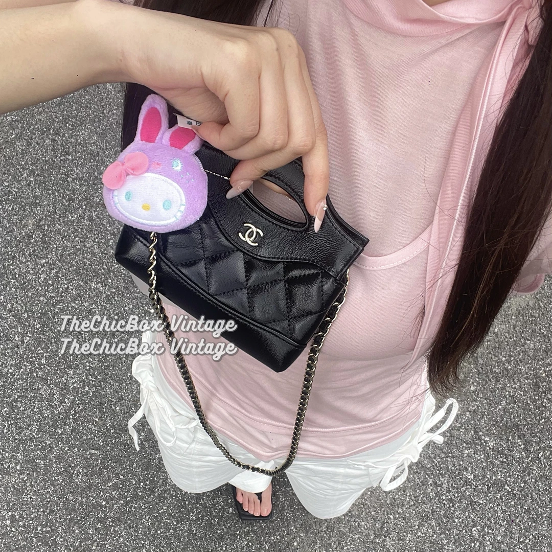 95新 Chanel/香奈儿 只盒/24s黑色超mini31bag斜挎包
