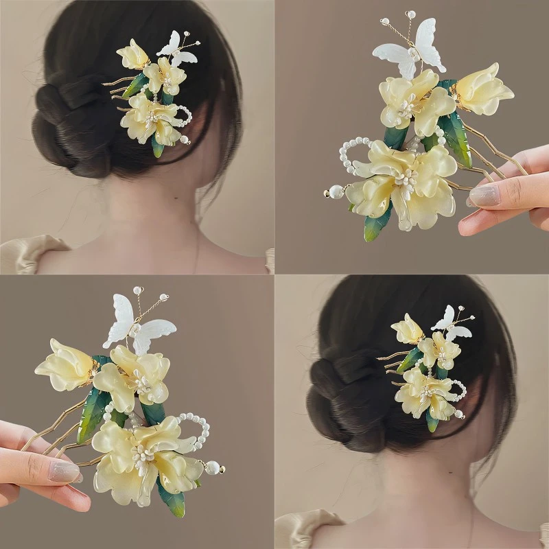 丁香小溪~新中式花朵女后脑勺发插配饰插梳国风古风簪子盘发发簪