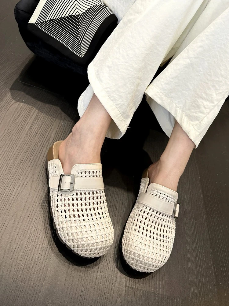 2025趋势新品~真皮编织镂空透气一脚蹬拖鞋包头半拖鞋勃肯鞋8573