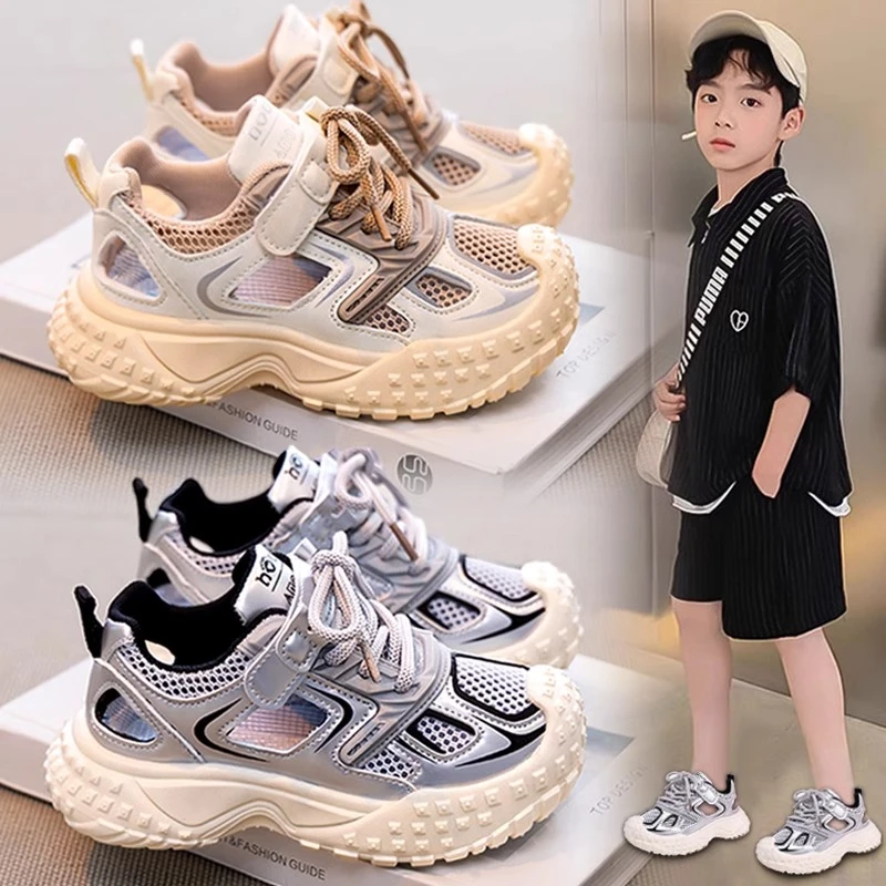 ABC男童运动凉鞋2025新款夏款轻便软底儿童透气单网鞋镂空中大童