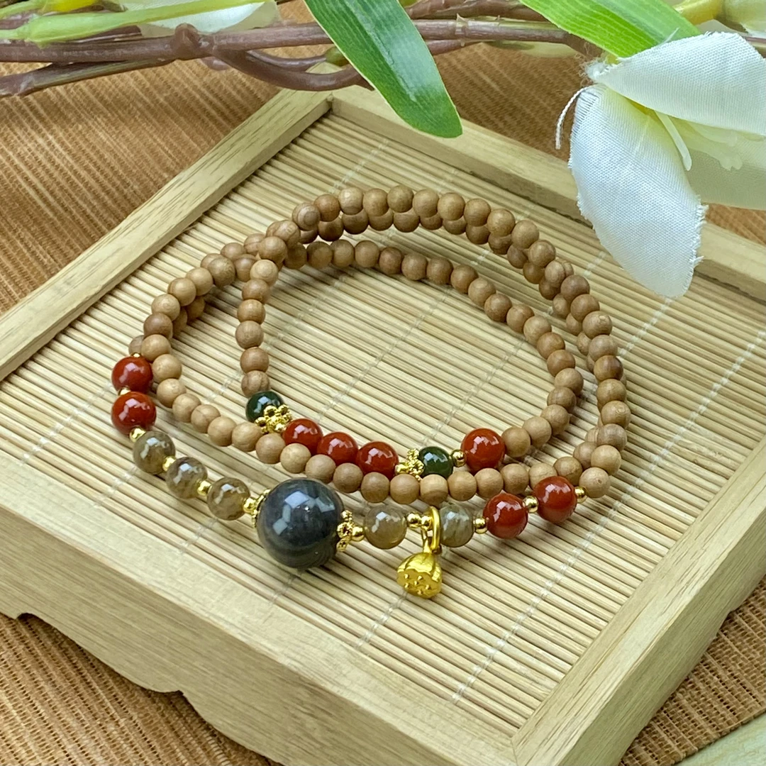 三圈印度老山檀南红和田手链