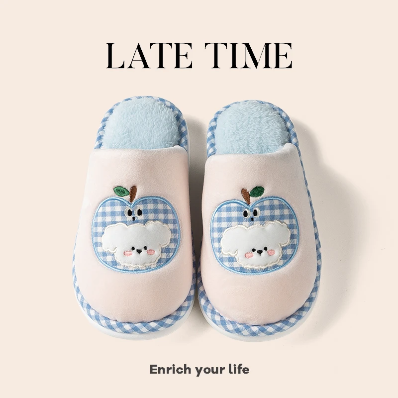 卡通条纹苹果狗咪地板拖秋冬季新款室内轻便居家休闲情侣棉拖鞋