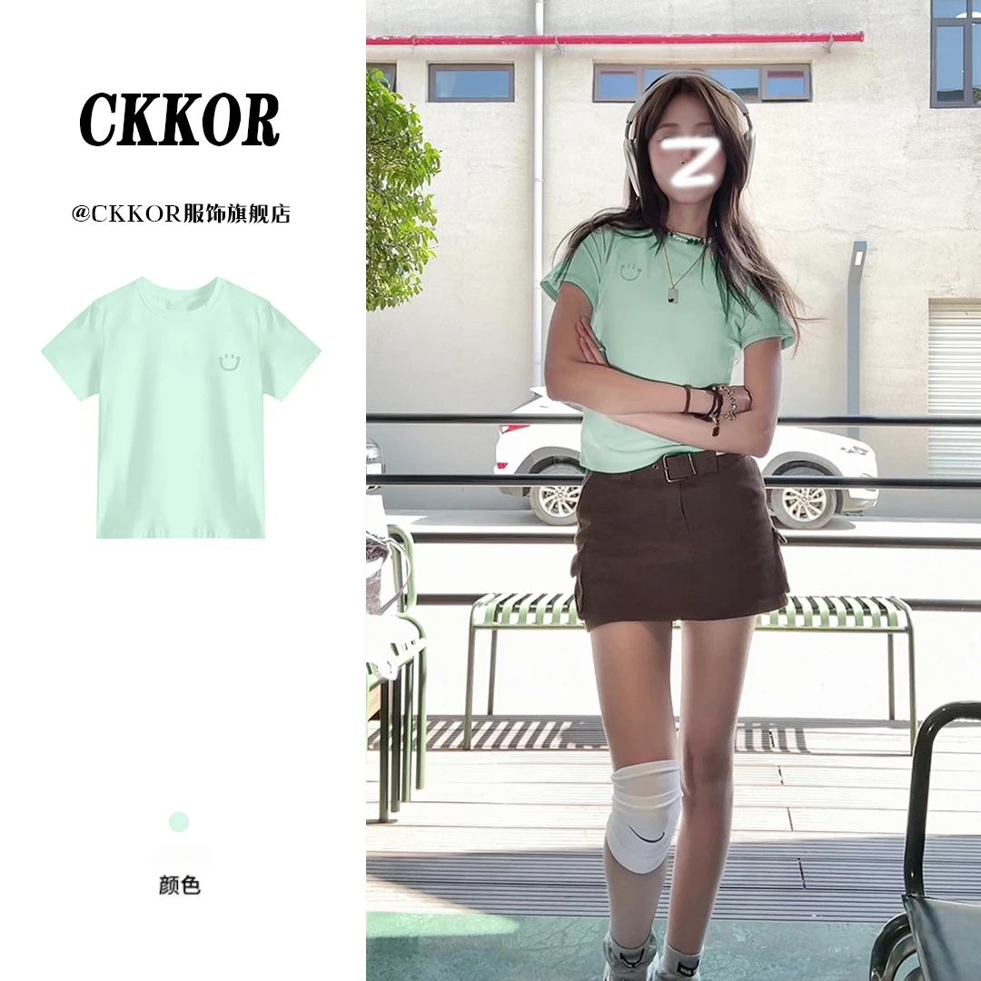 CKKOR夏季正肩白色短袖显瘦t恤女纯色简约时尚高级感修身显瘦女装