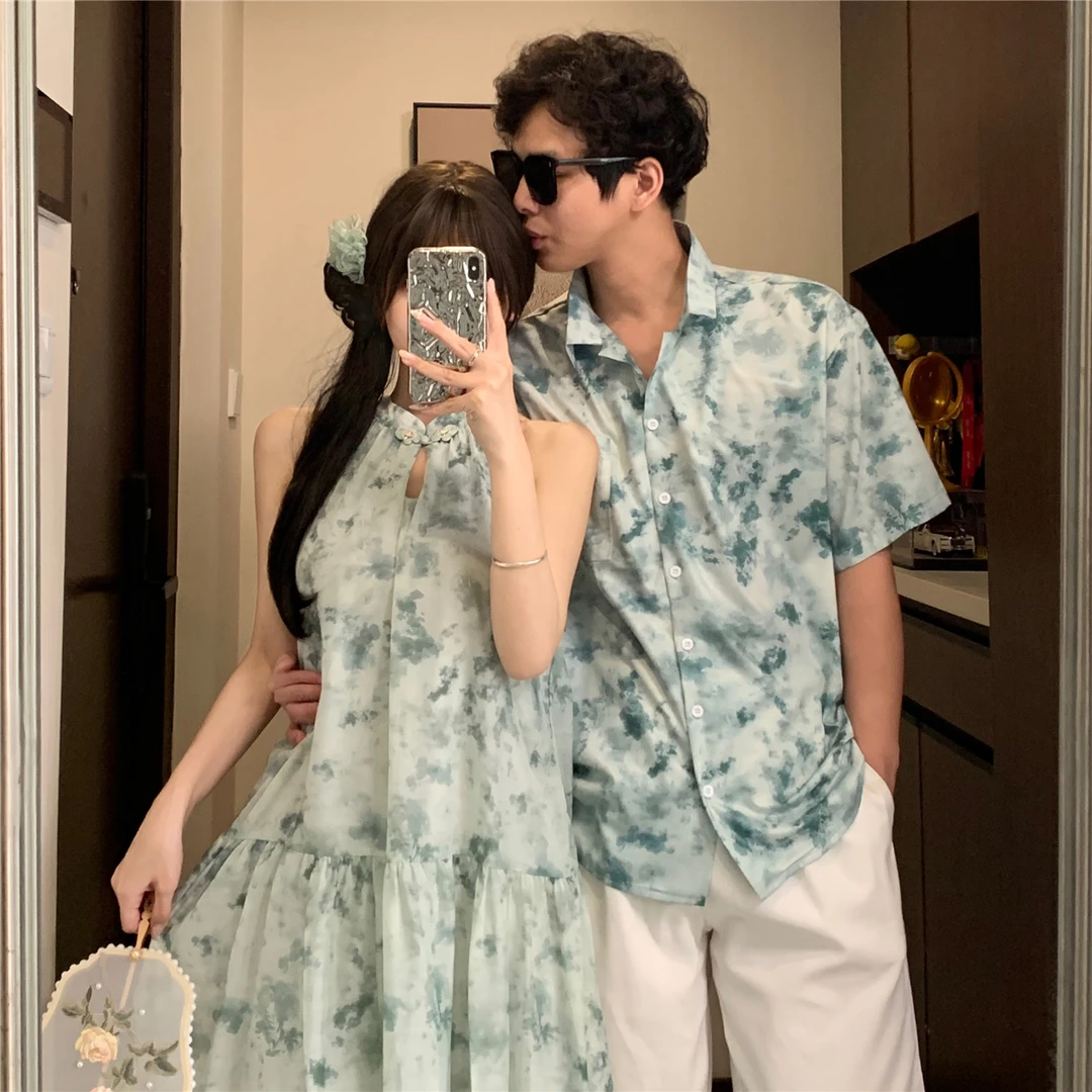 情侣装夏装2025新款短袖衬衫女无袖吊带绿色碎花连衣长裙一裙一衣