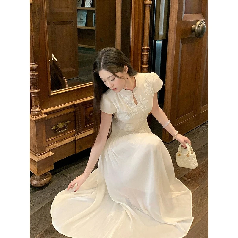 【9972】凌茜恣禾 新中式国风植绒拼接改良旗袍镂空连衣裙